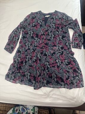 LOFT XXL tall Navy, Pink & Gray floral print knee length Dress w/ dropped waist